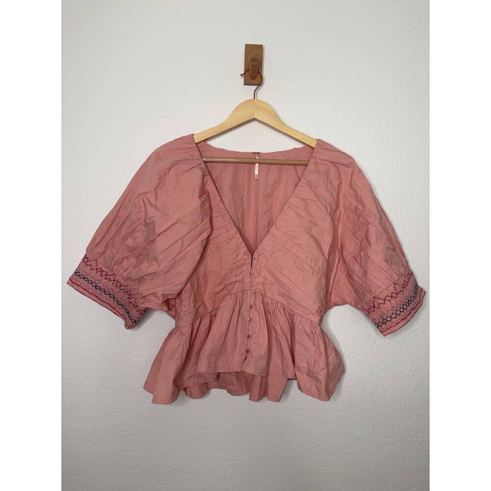 Free People Where We Meet Smocked Blouse in Rose Pink Boho-Chic Cottagecore NEW